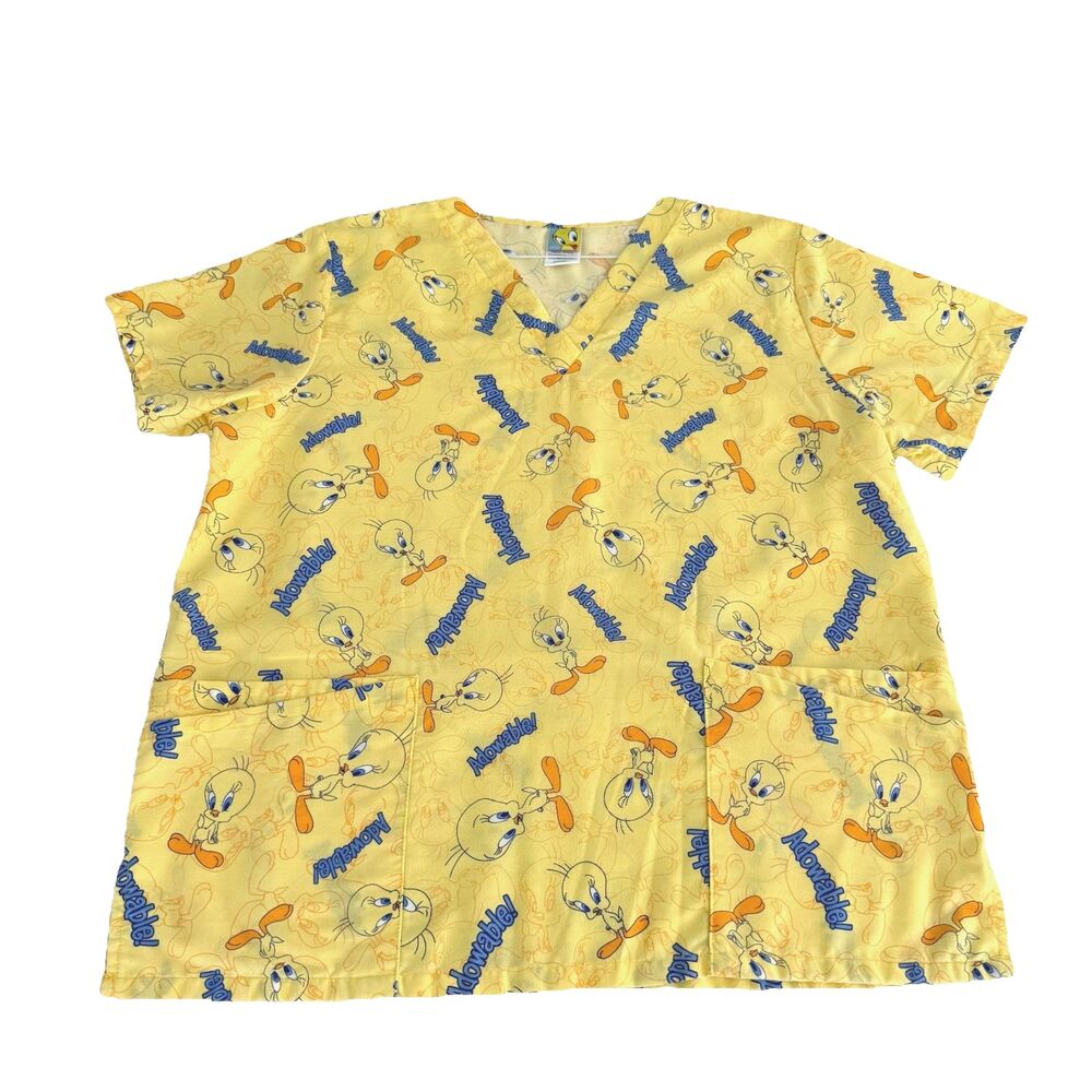 Y2K Tweety Bird Womens L Scrub Top Yellow VNeck Looney Tunes Nurse Warner Bros